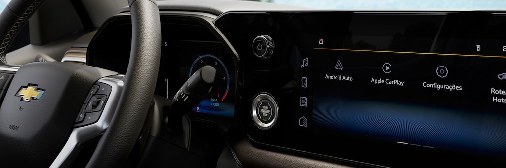 Interior da picape S10 com MyLink de 11 polegadas e painel digital de 8 polegadas